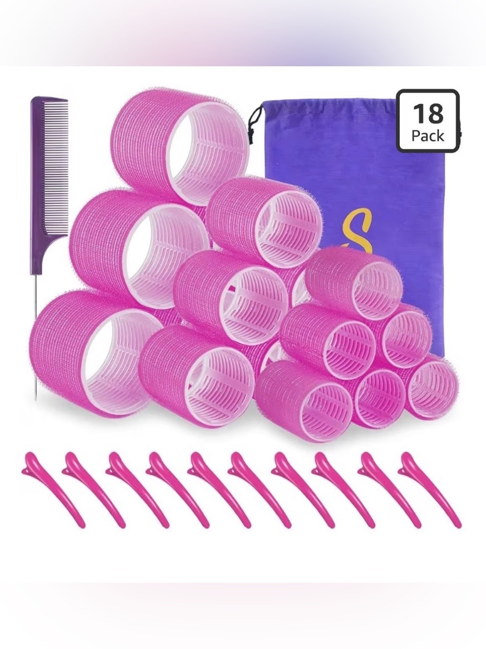 Pink Self-Grip Hair Rollers with Clips - Pack of 18